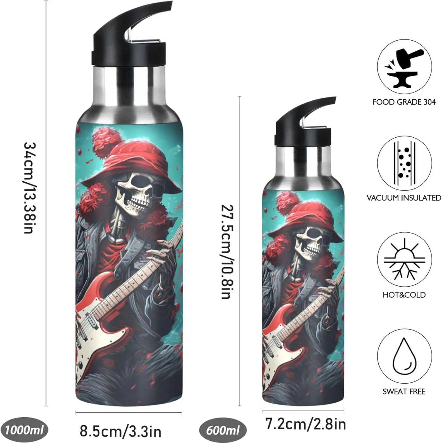 Blue Cool Music Santa Sport Water Bottle Insulated Stainless Steel Large Vacuum Flask Leak Proof Thermos with Straw for Travel(600ml/1000ml)