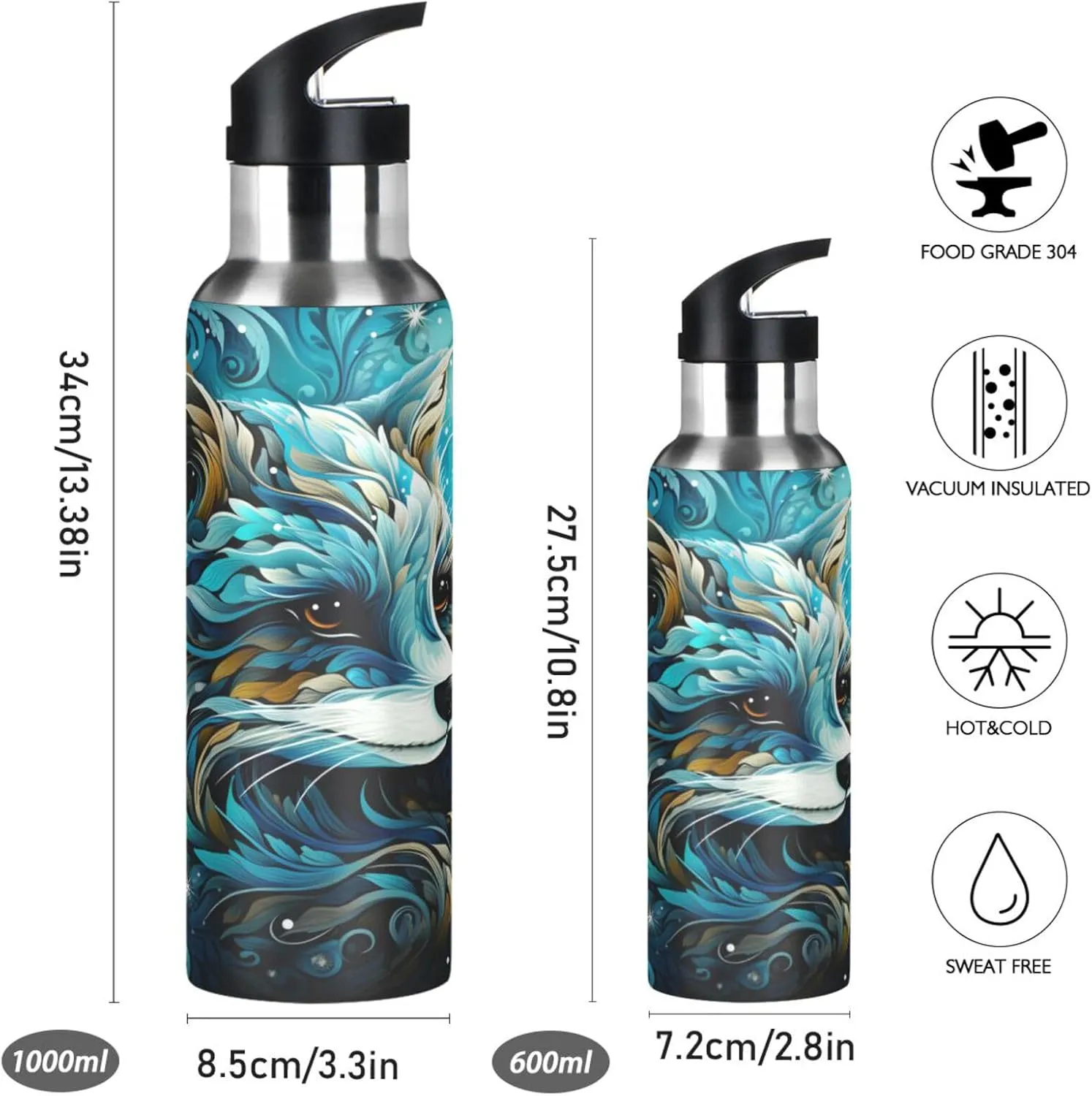 Blue Starlight Raccoon Sport Water Bottle Insulated Stainless Steel Large Vacuum Flask Leak Proof Thermos with Straw for Travel(600ml/1000ml)