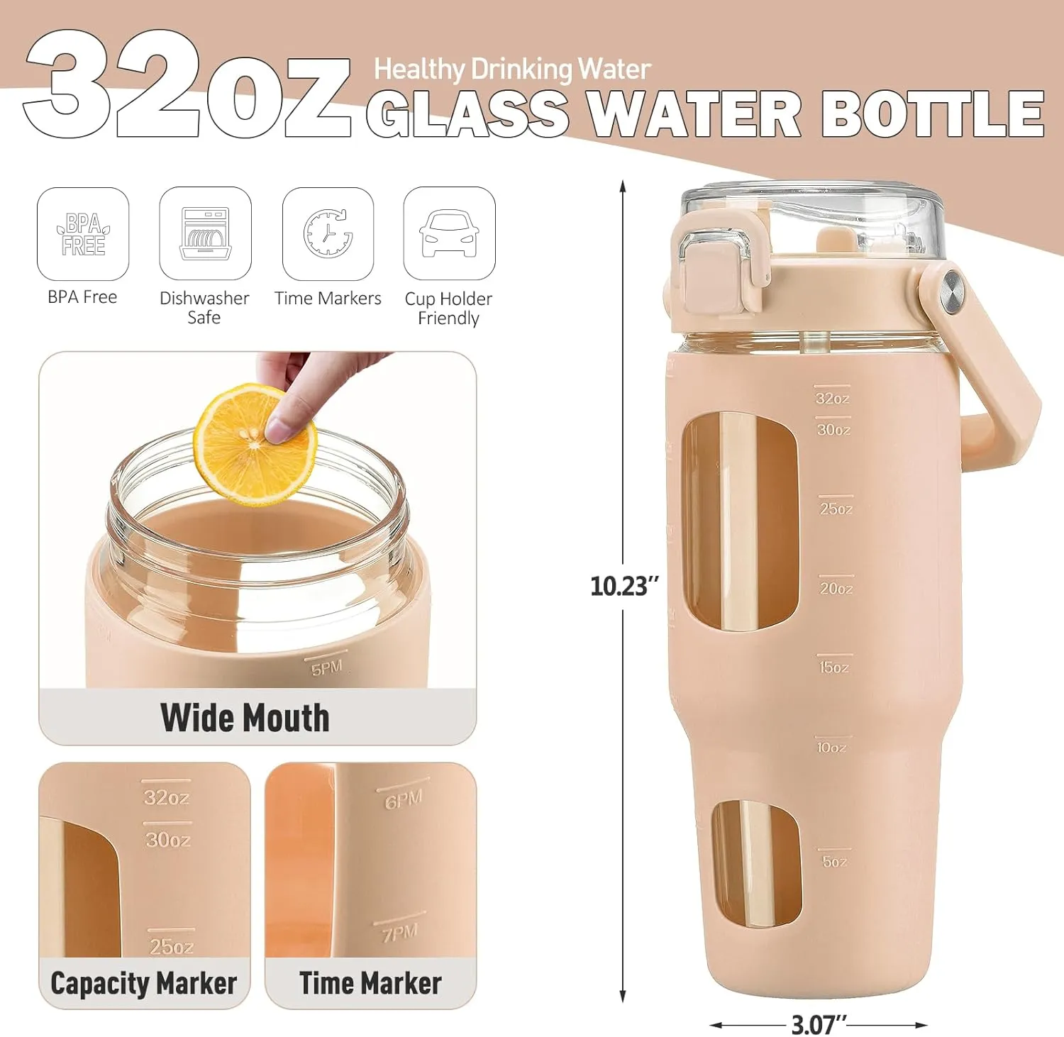 BLUEGO 32oz Glass Water Bottle with Handle and Straw|Leakproof Sports Glass Bottle with Time Marker and Silicone Sleeve|Glass Drinking Bottle for Travel, Gym, Workout, Amber