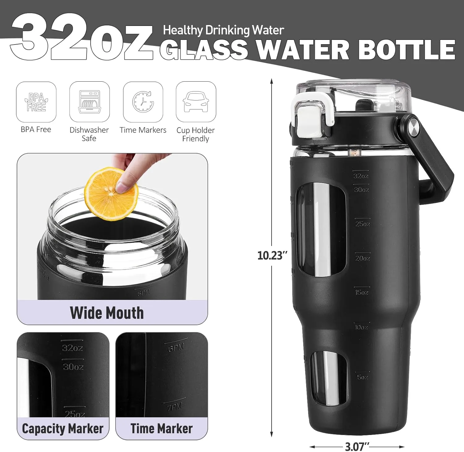 BLUEGO 32oz Glass Water Bottle with Handle and Straw|Leakproof Sports Glass Bottle with Time Marker and Silicone Sleeve|Glass Drinking Bottle for Travel, Gym, Workout, Black
