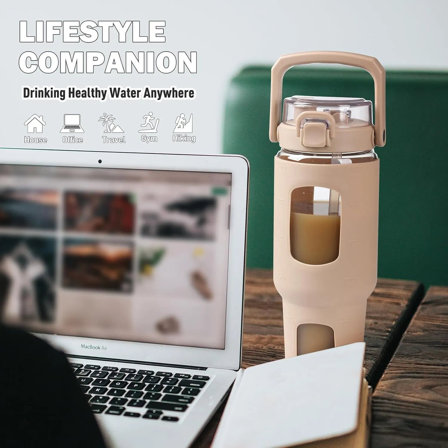 BLUEGO 40 oz Glass Water Bottle with Straw, Leakproof Glass Drinking Bottle with Time Marker and Silicone Sleeve, Wide Mouth Water Bottle for Travel, Gym, Workout, Amber