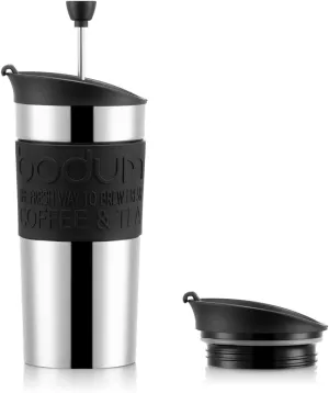 BODUM Travel French Press Coffee Maker Set, Stainless Steel with Extra Lid, Vacuum, 0.35 L/12 oz, Black