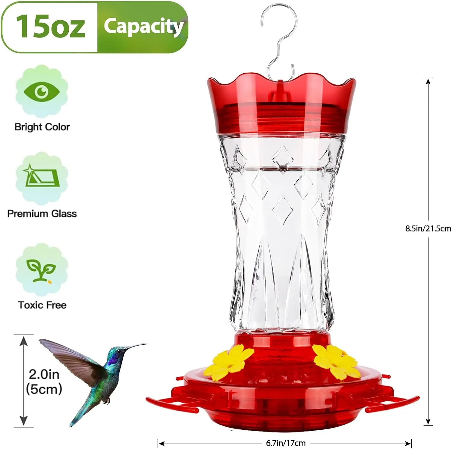 BOLITE Glass Hummingbird Feeders for Outdoors Hanging, Built-in Ant Moat, 4 Bee Guard Feeding Ports with Perches, Leak Proof, 15 Ounces, Stars Decor, Red, Gifts for Women Men, Gifts for Mom Dad