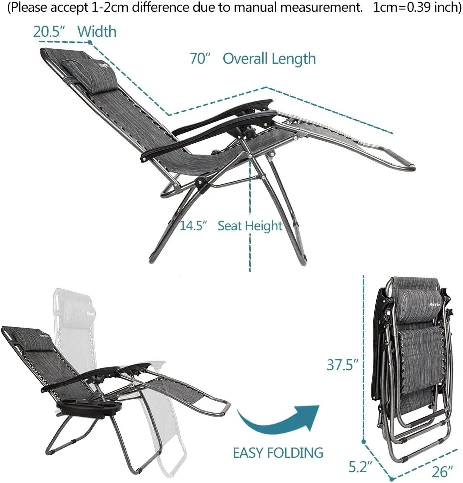 Bonnlo Zero Gravity Chair Set of 2, Outdoor Lounge Chairs with Pillow and Cup Holder Patio Lawn Chair Outdoor Recliner for Deck,Patio,Beach,Yard