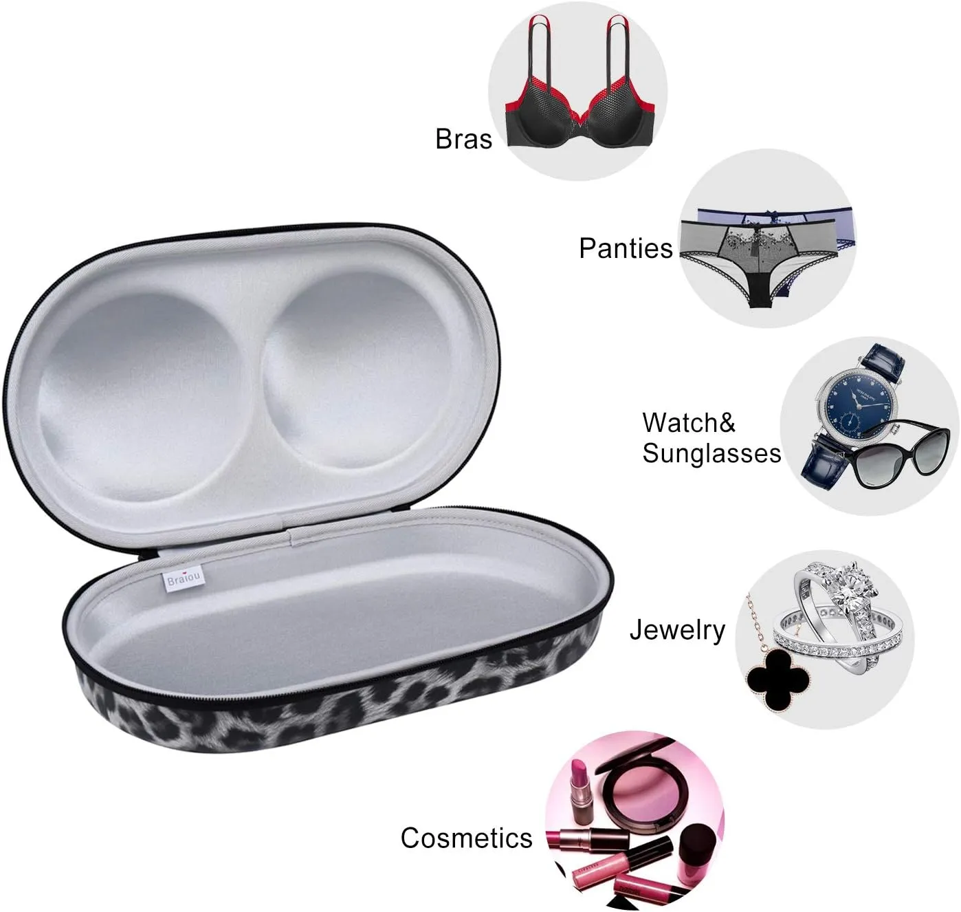 Bra Case Premium Lingerie Travel Bag Leopard Print Underwear Organizer Bag for A-C Cup (Grey)