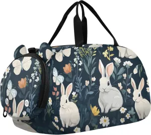 Bunny Floral Haven Youth Sports Duffel Bag with Ventilated Shoe Compartment|All-Season Lightweight Travel Gym Bag for Girls & Boys|Water-Resistant Gear Bag
