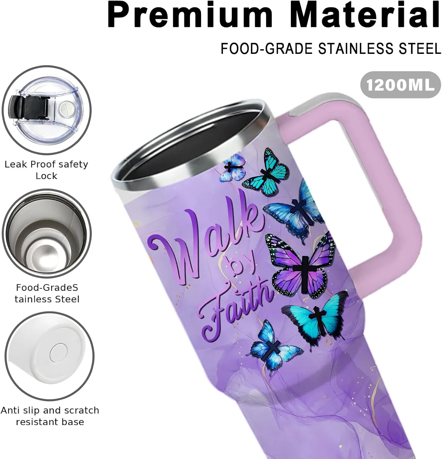 Butterfly 40oz Tumbler with Handle and Straw Lid Stainless Steel Insulated Coffee Travel Mug Cup Keeps Drinks Cold & Hot, Christian Gifts for Butterfly Women Birthday