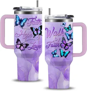 Butterfly 40oz Tumbler with Handle and Straw Lid Stainless Steel Insulated Coffee Travel Mug Cup Keeps Drinks Cold & Hot, Christian Gifts for Butterfly Women Birthday