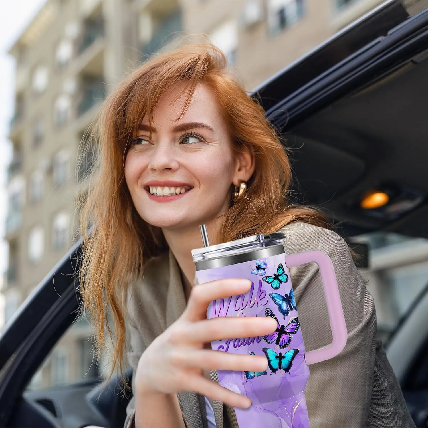 Butterfly 40oz Tumbler with Handle and Straw Lid Stainless Steel Insulated Coffee Travel Mug Cup Keeps Drinks Cold & Hot, Christian Gifts for Butterfly Women Birthday