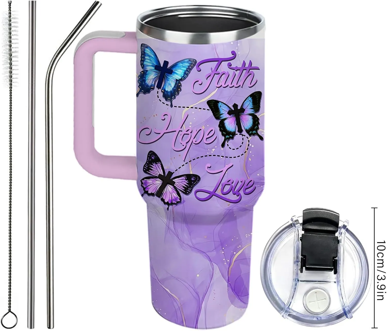 Butterfly 40oz Tumbler with Handle and Straw Lid Stainless Steel Insulated Coffee Travel Mug Cup Keeps Drinks Cold & Hot, Christian Gifts for Butterfly Women Birthday