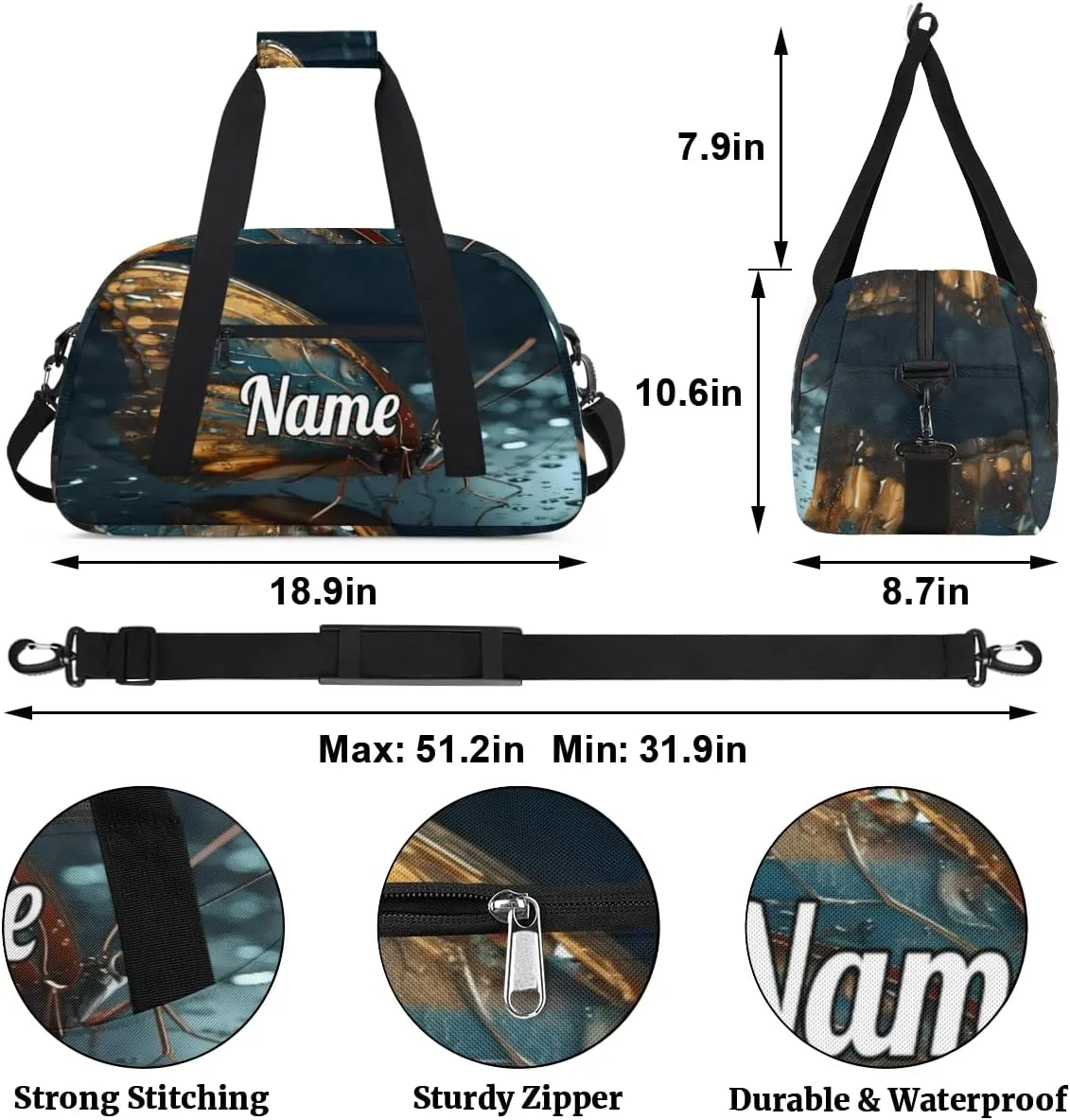 Butterfly Wings Personalized Kids Gym Bag Custom Dance Bag with Name Sport Duffel Bag for Girls Boys Weekender Overnight Travel Bag