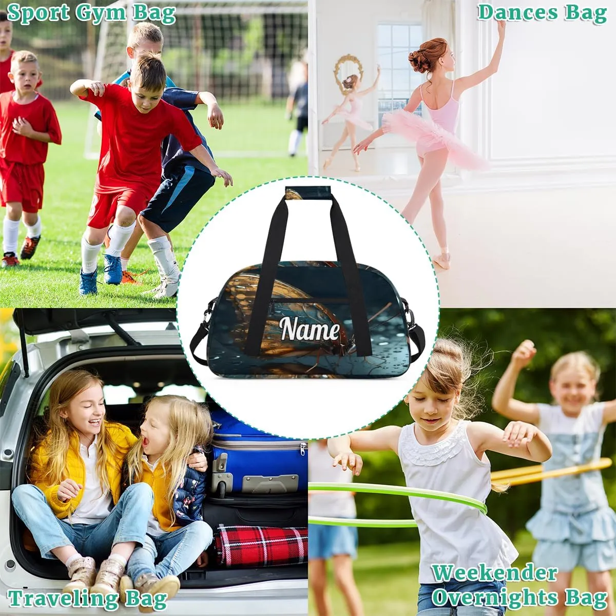 Butterfly Wings Personalized Kids Gym Bag Custom Dance Bag with Name Sport Duffel Bag for Girls Boys Weekender Overnight Travel Bag