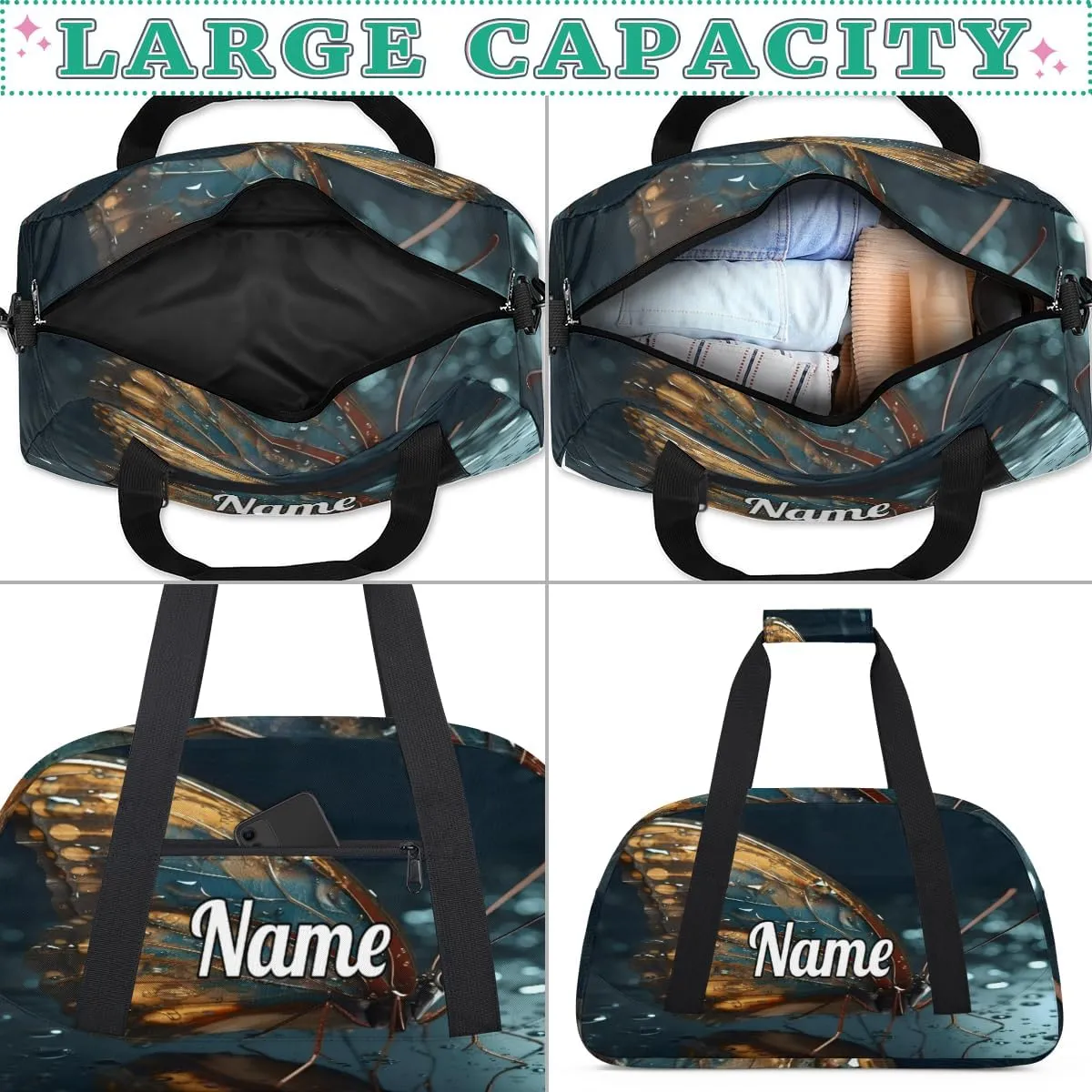 Butterfly Wings Personalized Kids Gym Bag Custom Dance Bag with Name Sport Duffel Bag for Girls Boys Weekender Overnight Travel Bag