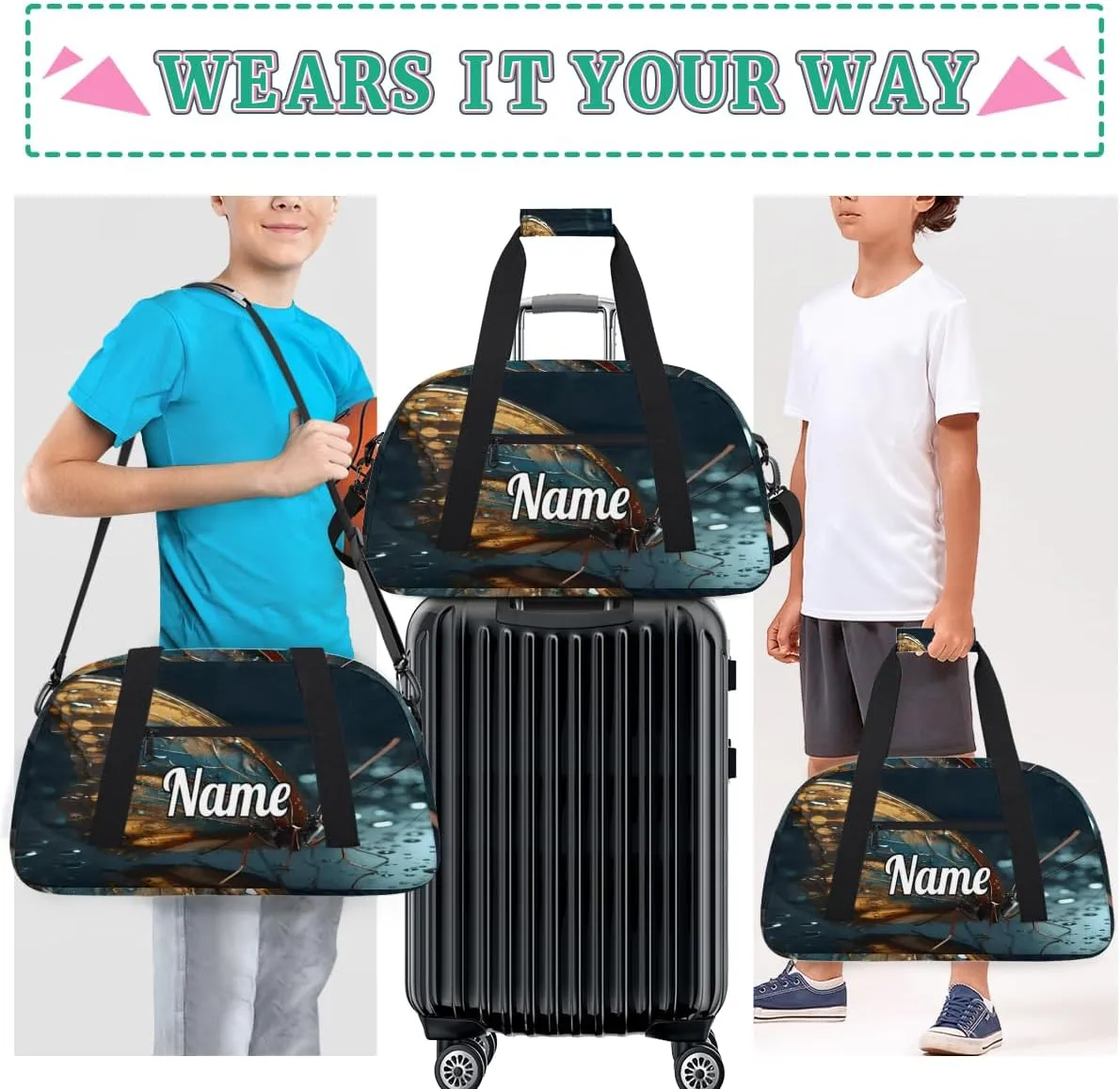 Butterfly Wings Personalized Kids Gym Bag Custom Dance Bag with Name Sport Duffel Bag for Girls Boys Weekender Overnight Travel Bag