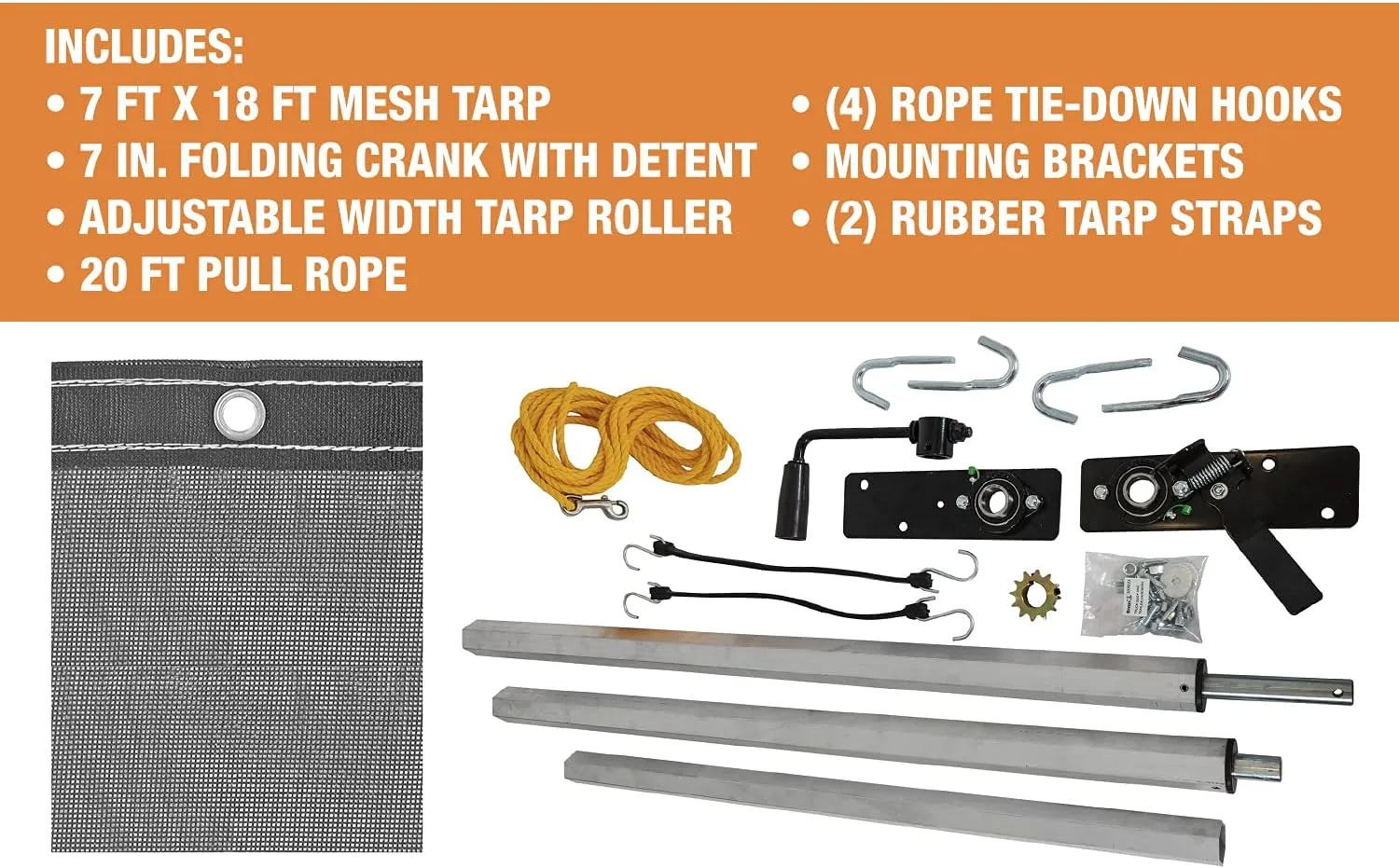 Buyers Products DTR7018 Manual Alumium Tarp System, 7 FT x 18 FT Mesh Tarp, Without Deflector, Dump Body Tarp Kit, Dump Trailer Accessories, Dump Body Accessories, Black