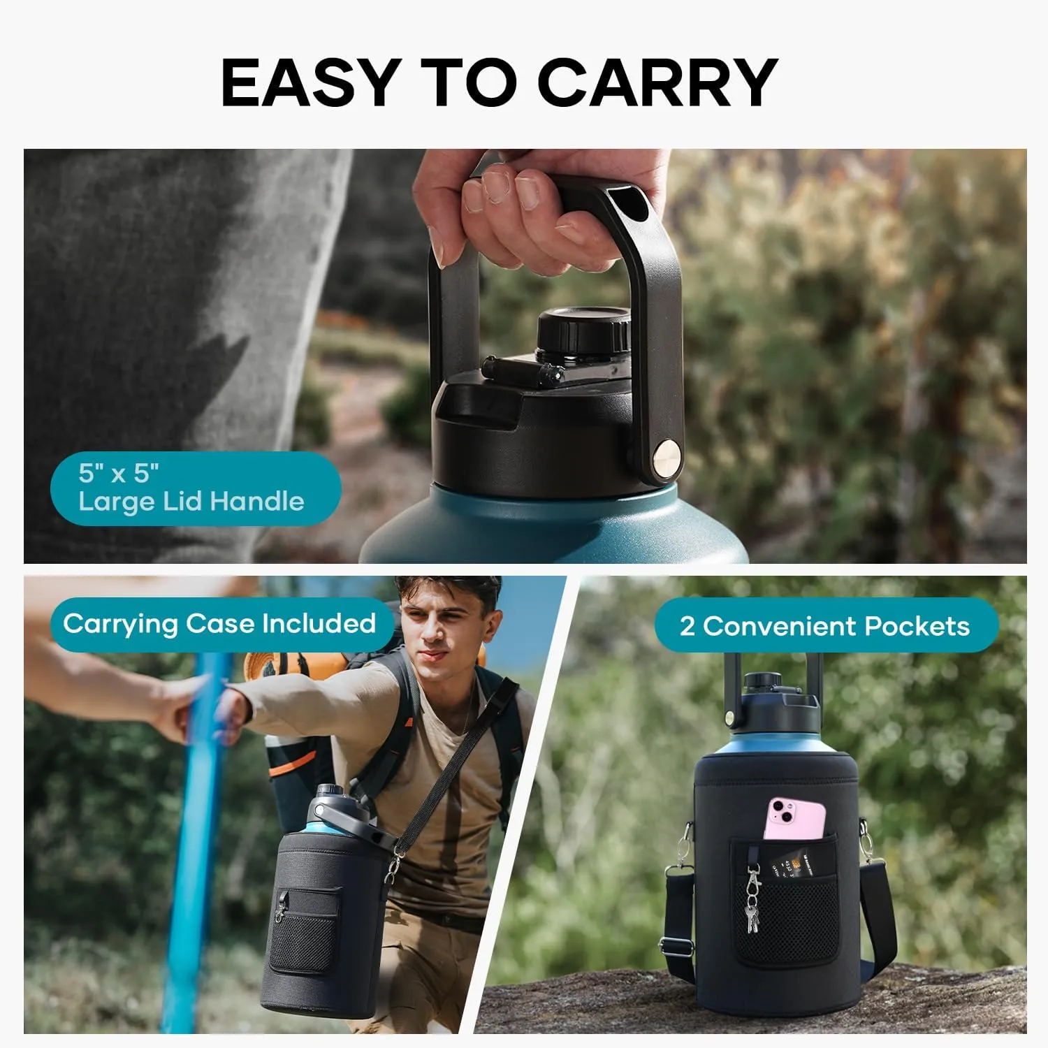 BUZIO 1.5 Gallon Water Bottle Insulated, (Cold for 48 Hrs) 192oz Large Water Jug Stainless Steel, 3.58in Big Wide Mouth Leak Proof Metal Flask with Carrying Sleeve for Camping,Gym,Travel,Indigo Crush