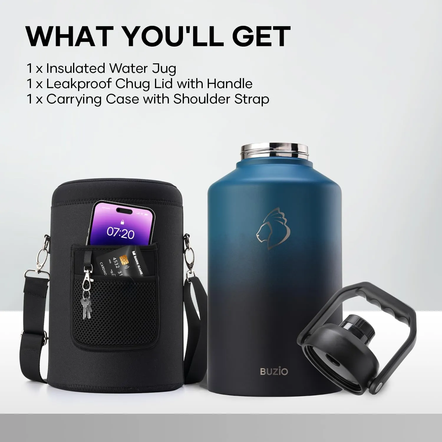 BUZIO 1.5 Gallon Water Bottle Insulated, (Cold for 48 Hrs) 192oz Large Water Jug Stainless Steel, 3.58in Big Wide Mouth Leak Proof Metal Flask with Carrying Sleeve for Camping,Gym,Travel,Indigo Crush