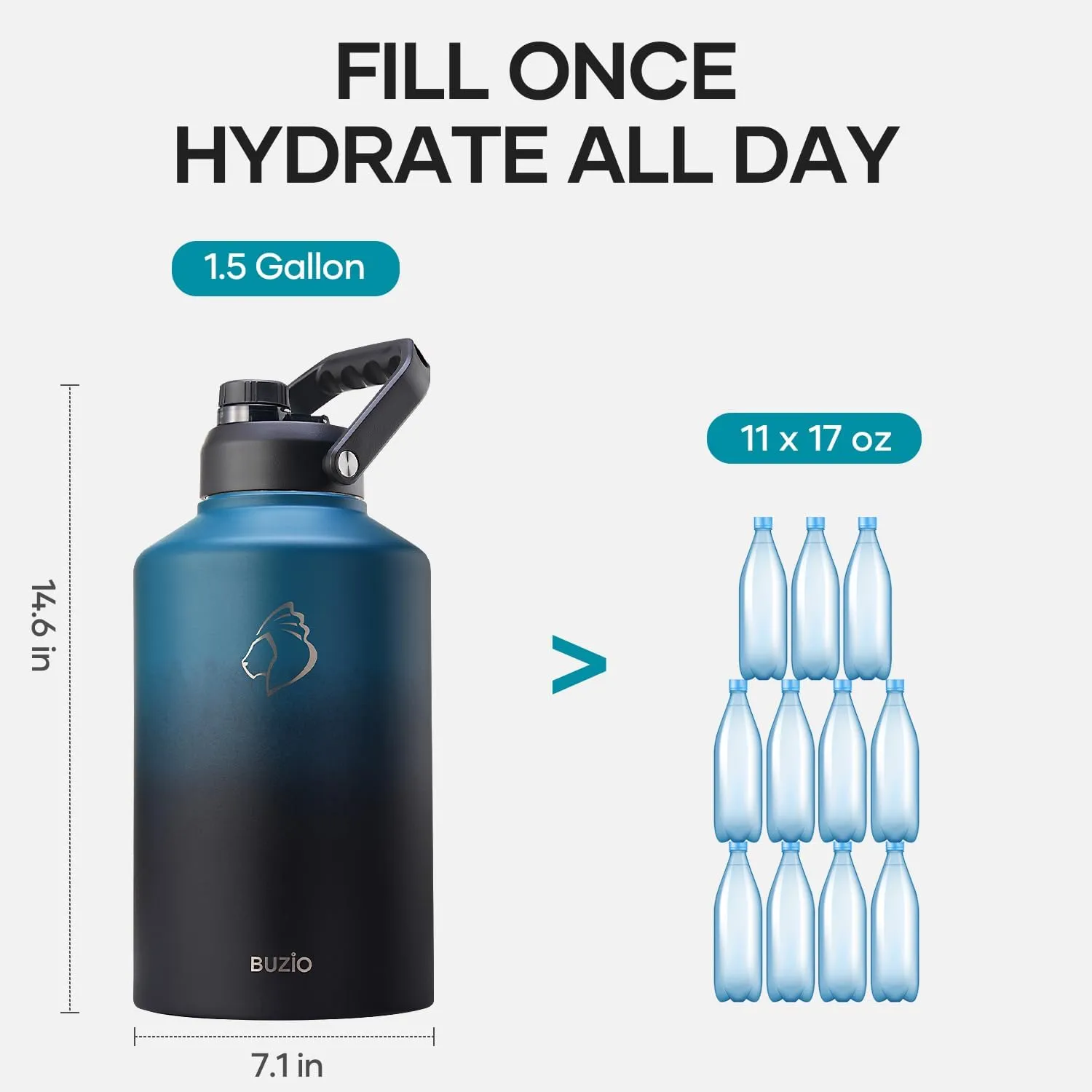 BUZIO 1.5 Gallon Water Bottle Insulated, (Cold for 48 Hrs) 192oz Large Water Jug Stainless Steel, 3.58in Big Wide Mouth Leak Proof Metal Flask with Carrying Sleeve for Camping,Gym,Travel,Indigo Crush
