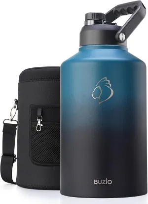 BUZIO 1.5 Gallon Water Bottle Insulated, (Cold for 48 Hrs) 192oz Large Water Jug Stainless Steel, 3.58in Big Wide Mouth Leak Proof Metal Flask with Carrying Sleeve for Camping,Gym,Travel,Indigo Crush