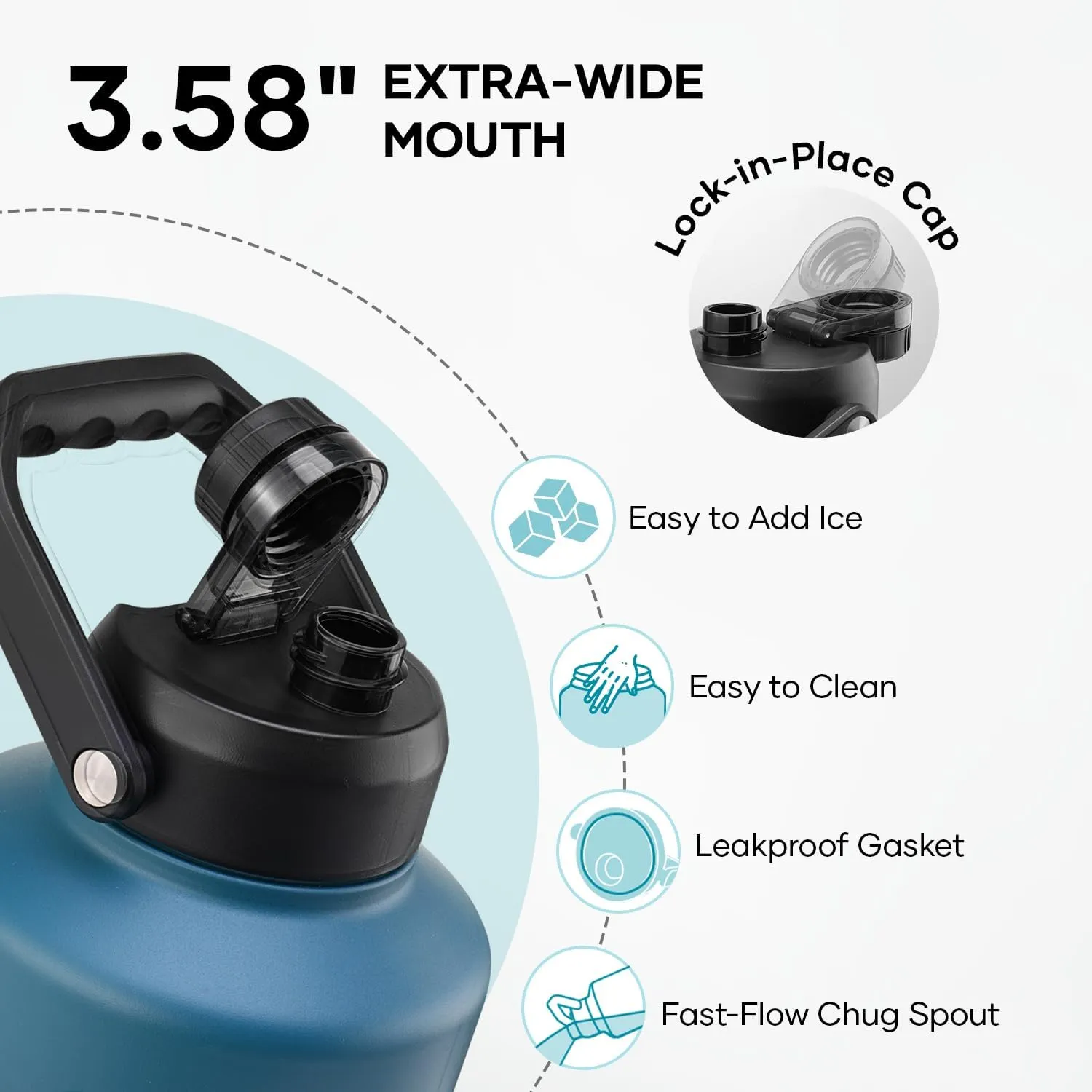 BUZIO 1.5 Gallon Water Bottle Insulated, (Cold for 48 Hrs) 192oz Large Water Jug Stainless Steel, 3.58in Big Wide Mouth Leak Proof Metal Flask with Carrying Sleeve for Camping,Gym,Travel,Indigo Crush