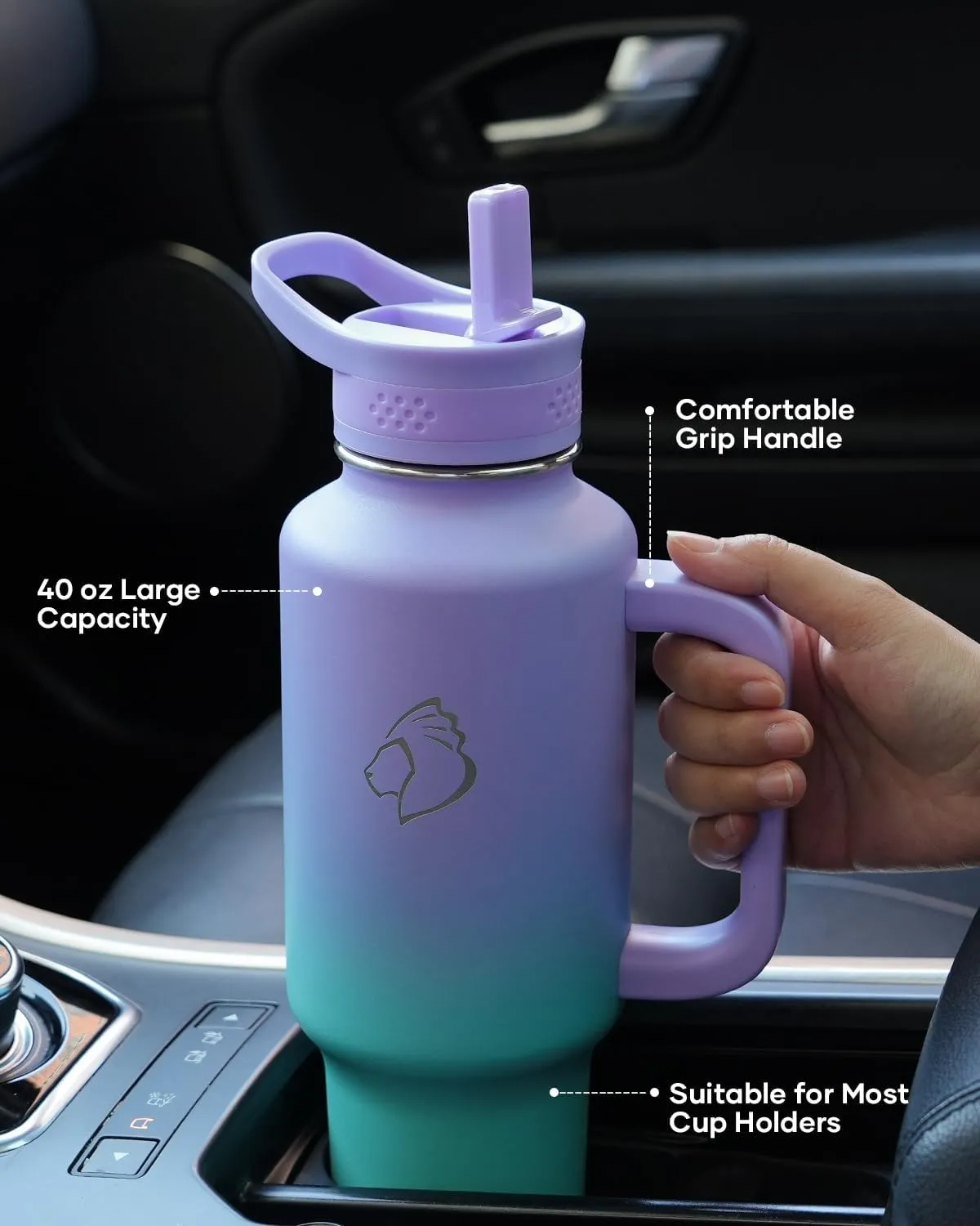 Buzio Insulated Water Bottle with Handle & Flip Straw, 40oz Metal Travel Tumbler Fits in Cup Holders, Dishwasher Safe Leakproof Sport Thermos, Gift for Him&Her, Keep Cold for 48hrs, Dark Purple Green