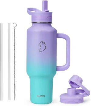 Buzio Insulated Water Bottle with Handle & Flip Straw, 40oz Metal Travel Tumbler Fits in Cup Holders, Dishwasher Safe Leakproof Sport Thermos, Gift for Him&Her, Keep Cold for 48hrs, Dark Purple Green