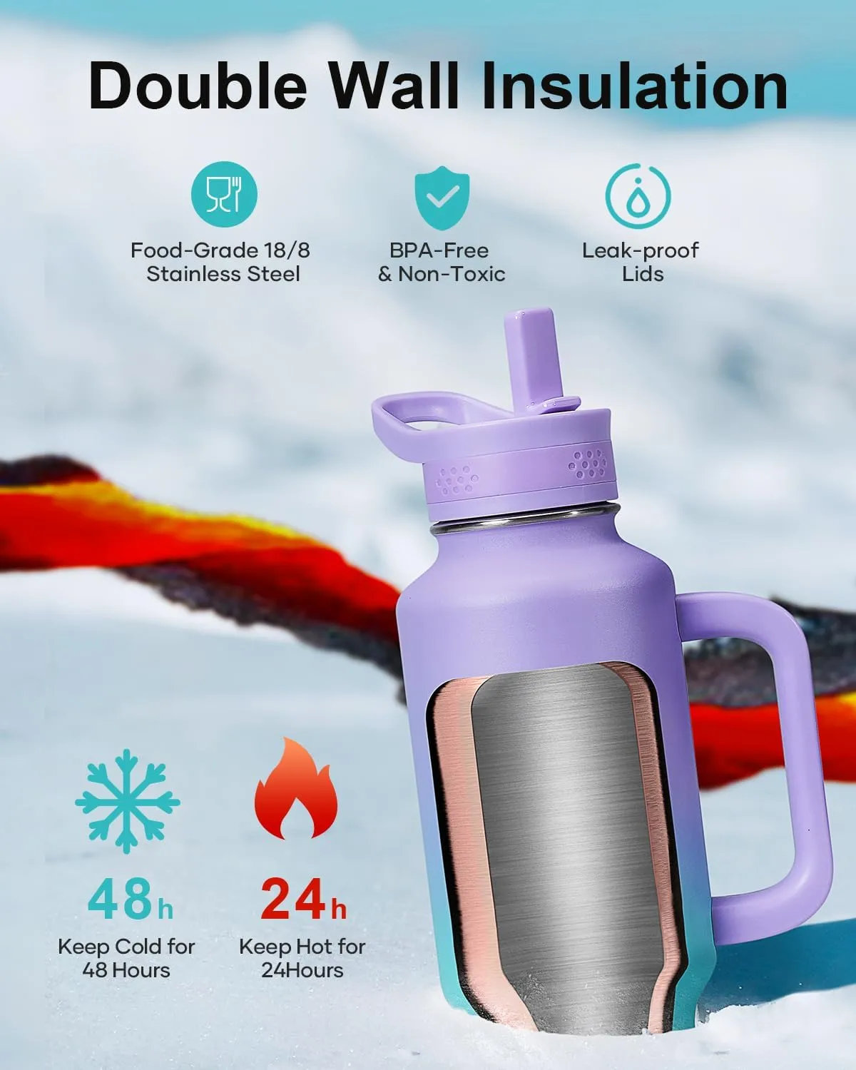 Buzio Insulated Water Bottle with Handle & Flip Straw, 40oz Metal Travel Tumbler Fits in Cup Holders, Dishwasher Safe Leakproof Sport Thermos, Gift for Him&Her, Keep Cold for 48hrs, Dark Purple Green