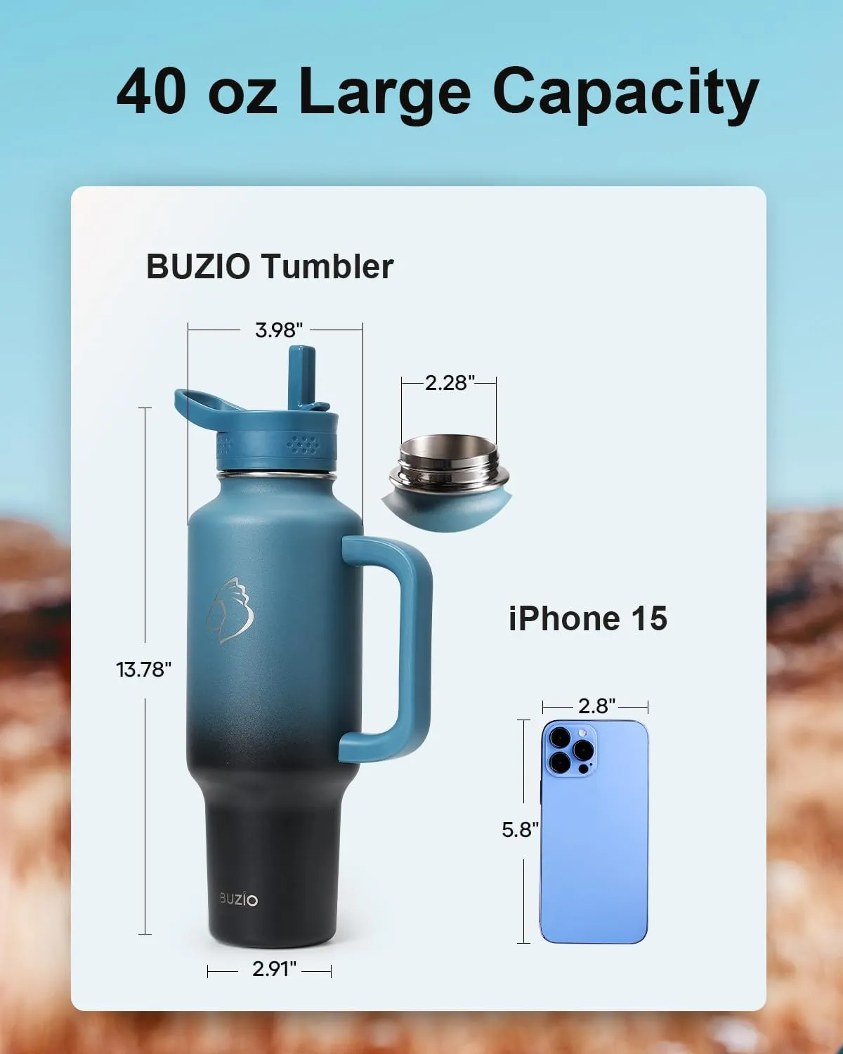 Buzio Insulated Water Bottle with Handle & Flip Straw, 40oz Metal Travel Tumbler Fits in Cup Holders, Dishwasher Safe Leakproof Sport Thermos, Gift for Him&Her, Keep Cold for 48hrs, Dark Purple Green