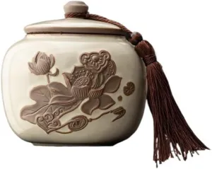 Caddy Ru Kiln Ceramic Tea Canister with Sealed Lid and Tassel Chinese Vintage Coffee Tea Nut Storage Tin Storage(Beige)