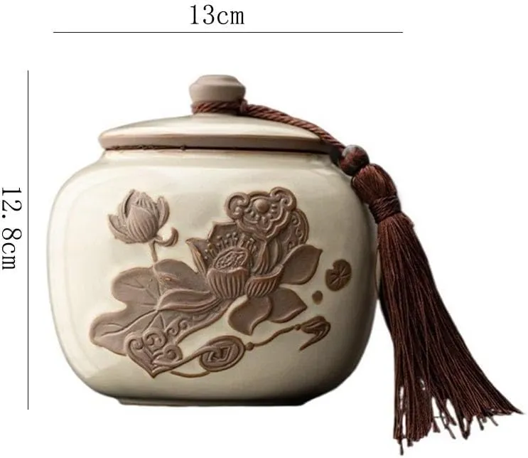 Caddy Ru Kiln Ceramic Tea Canister with Sealed Lid and Tassel Chinese Vintage Coffee Tea Nut Storage Tin Storage(Beige)