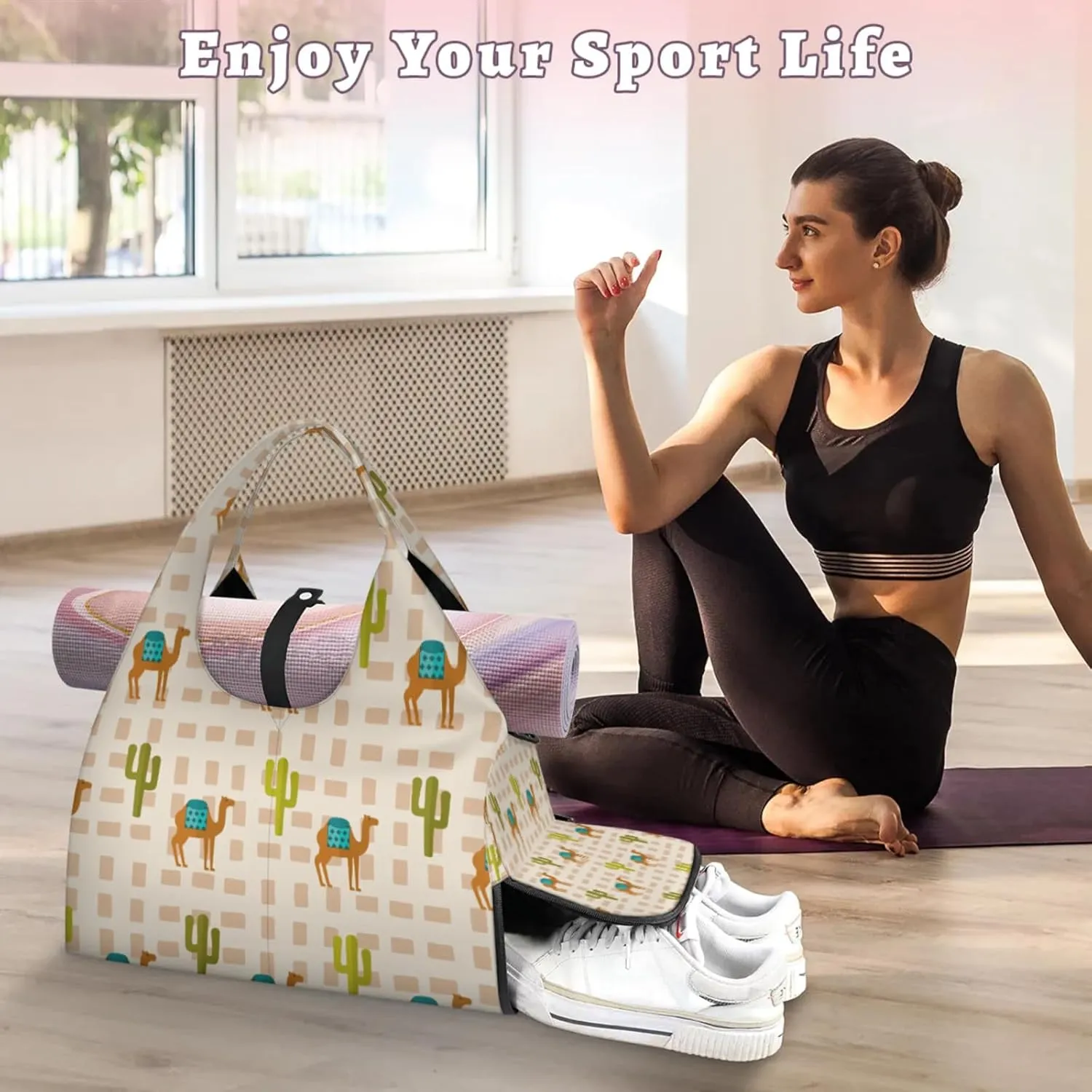 Camel Brown Background Gym Bag Yoga Mat Tote for Women with Shoes Compartment Lightweight Duffle Travel Carrier Wet Dry Storage Pockets Adjustable Pilates Mats Shoulder Bags for Sport Swim