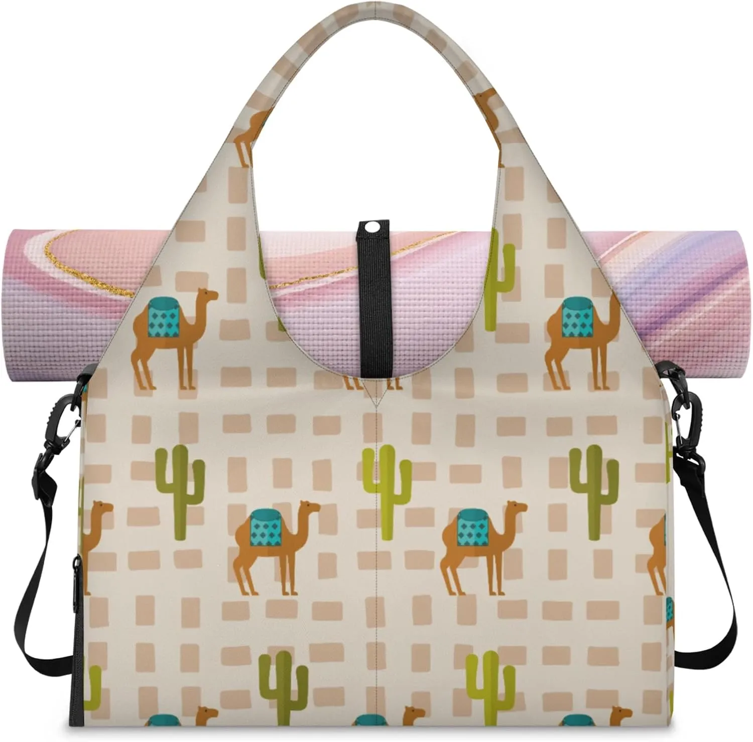 Camel Brown Background Gym Bag Yoga Mat Tote for Women with Shoes Compartment Lightweight Duffle Travel Carrier Wet Dry Storage Pockets Adjustable Pilates Mats Shoulder Bags for Sport Swim
