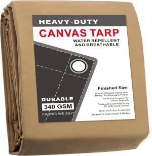 CARTMAN Finished Size 6x8 Feet Tan Canvas Tarp with Rustproof Grommets, 12 Oz Heavy Duty Multipurpose Tarpaulin Cover for Canopy Tent, Roof, Camping, Woodpile