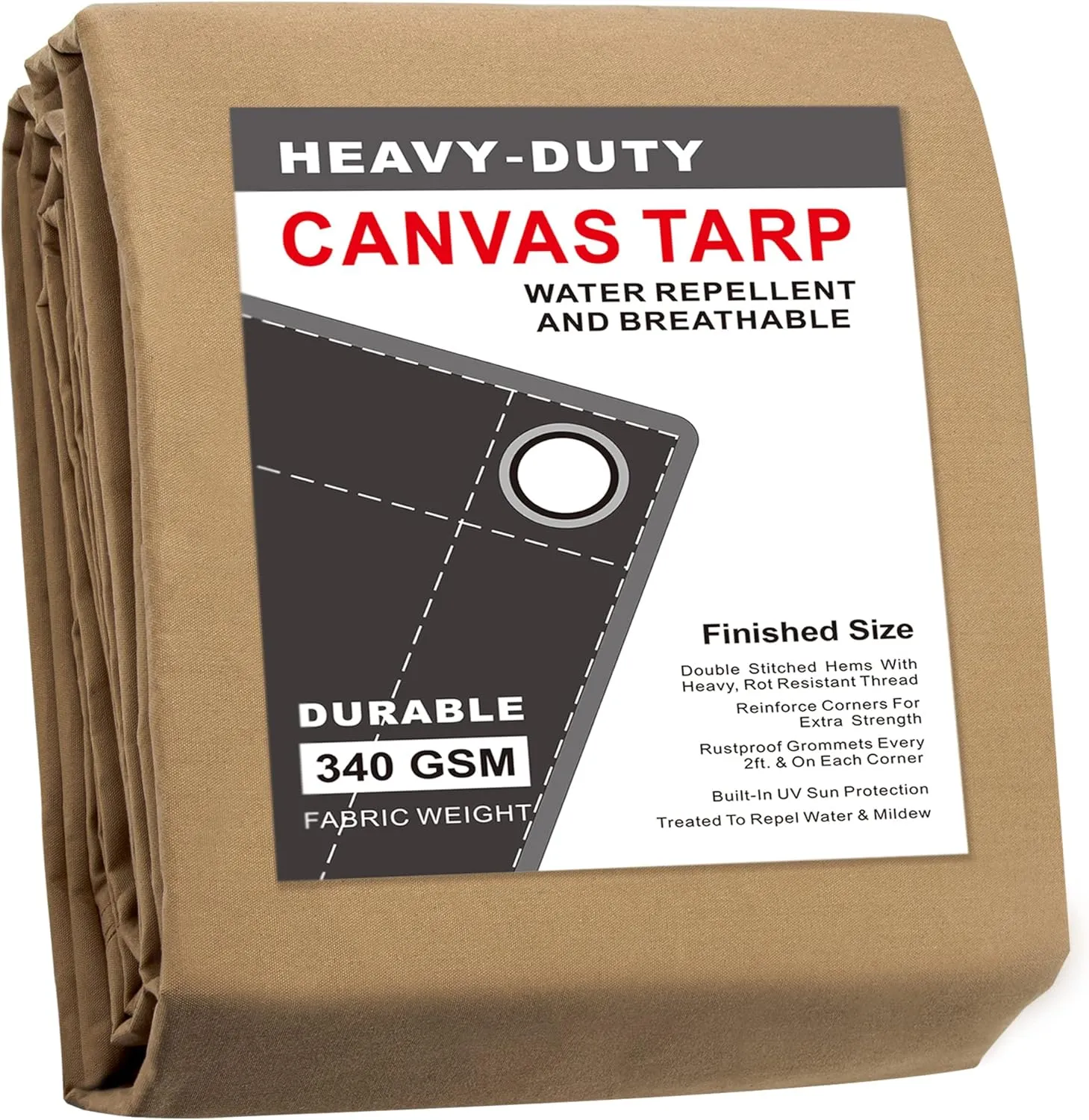 CARTMAN Finished Size 6x8 Feet Tan Canvas Tarp with Rustproof Grommets, 12 Oz Heavy Duty Multipurpose Tarpaulin Cover for Canopy Tent, Roof, Camping, Woodpile