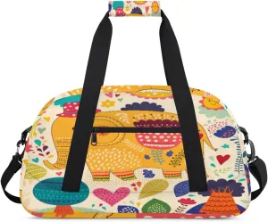 Cartoon Elephant Gym Duffel Bag for Men Women Colorful Flower Leaf Sports Tote Bag with Adjustable Shoulder Strap for Dance Gymnastics Traveling Outdoor Camping Overnight Stay