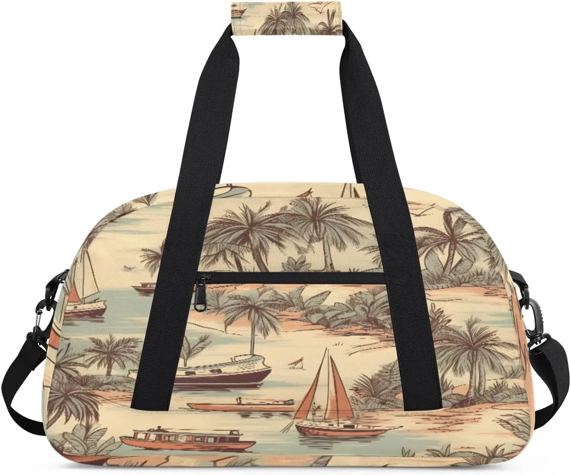 Cartoon Sailboat Gym Duffel Bag for Men Women Coconut Tree Sports Tote Bag with Adjustable Shoulder Strap for Dance Gymnastics Traveling Outdoor Camping Overnight Stay