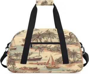 Cartoon Sailboat Gym Duffel Bag for Men Women Coconut Tree Sports Tote Bag with Adjustable Shoulder Strap for Dance Gymnastics Traveling Outdoor Camping Overnight Stay