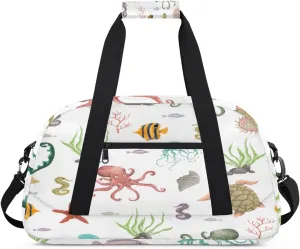 Cartoon Sea Animals Gym Duffel Bag for Men Women Sea Grass Sports Tote Bag with Adjustable Shoulder Strap for Dance Gymnastics Traveling Outdoor Camping Overnight Stay