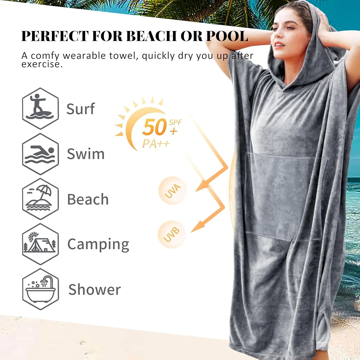 Catalonia Absorbent Surf Poncho Men Women, Quick Dry Towel Changing Poncho, Hooded Towel Poncho Adult, Changing Robe for Beach Surfing Swimming