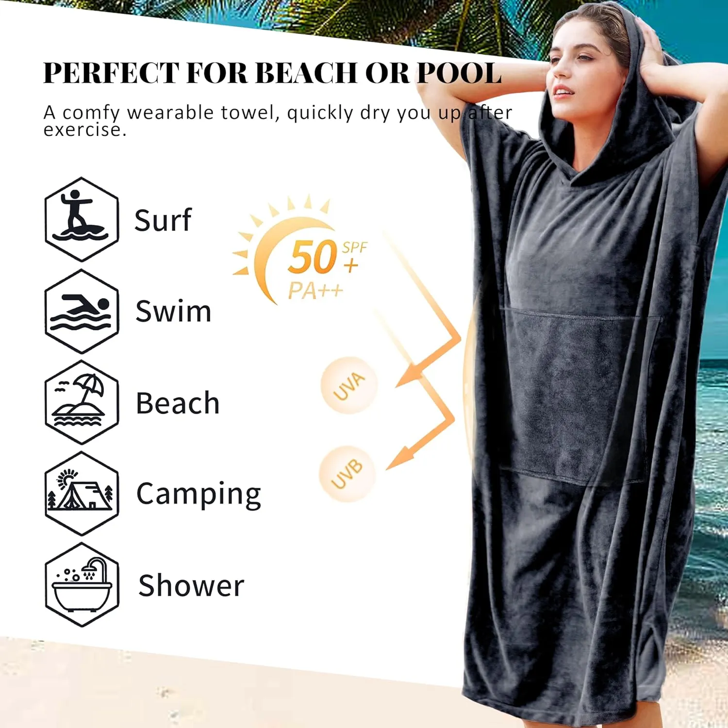 Catalonia Absorbent Surf Poncho Men Women, Quick Dry Towel Changing Poncho, Hooded Towel Poncho Adult, Changing Robe for Beach Surfing Swimming