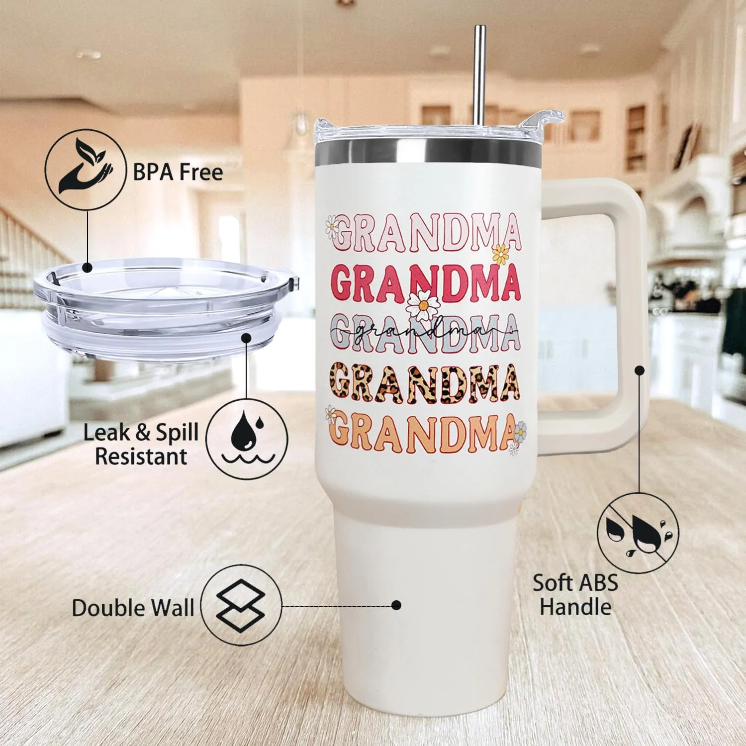 Ceovfoi 40 oz Grandma Vacuum Insulated Water Bottle Travel Coffee Mug Cup Tumbler with Handle Lid and Straw, Mothers Day Nana Gifts for Grandmother