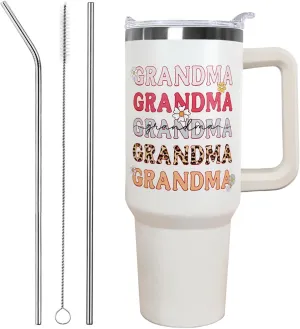 Ceovfoi 40 oz Grandma Vacuum Insulated Water Bottle Travel Coffee Mug Cup Tumbler with Handle Lid and Straw, Mothers Day Nana Gifts for Grandmother