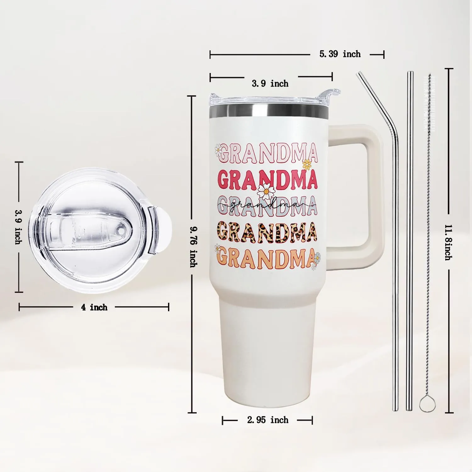 Ceovfoi 40 oz Grandma Vacuum Insulated Water Bottle Travel Coffee Mug Cup Tumbler with Handle Lid and Straw, Mothers Day Nana Gifts for Grandmother