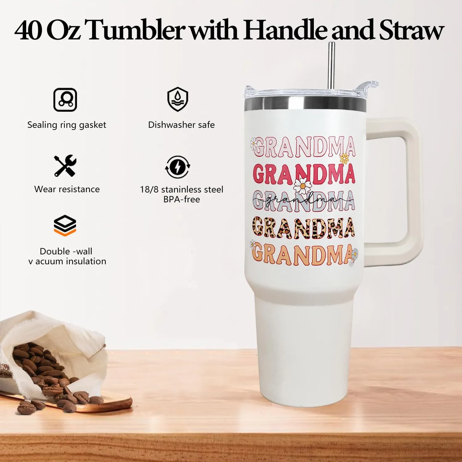 Ceovfoi 40 oz Grandma Vacuum Insulated Water Bottle Travel Coffee Mug Cup Tumbler with Handle Lid and Straw, Mothers Day Nana Gifts for Grandmother