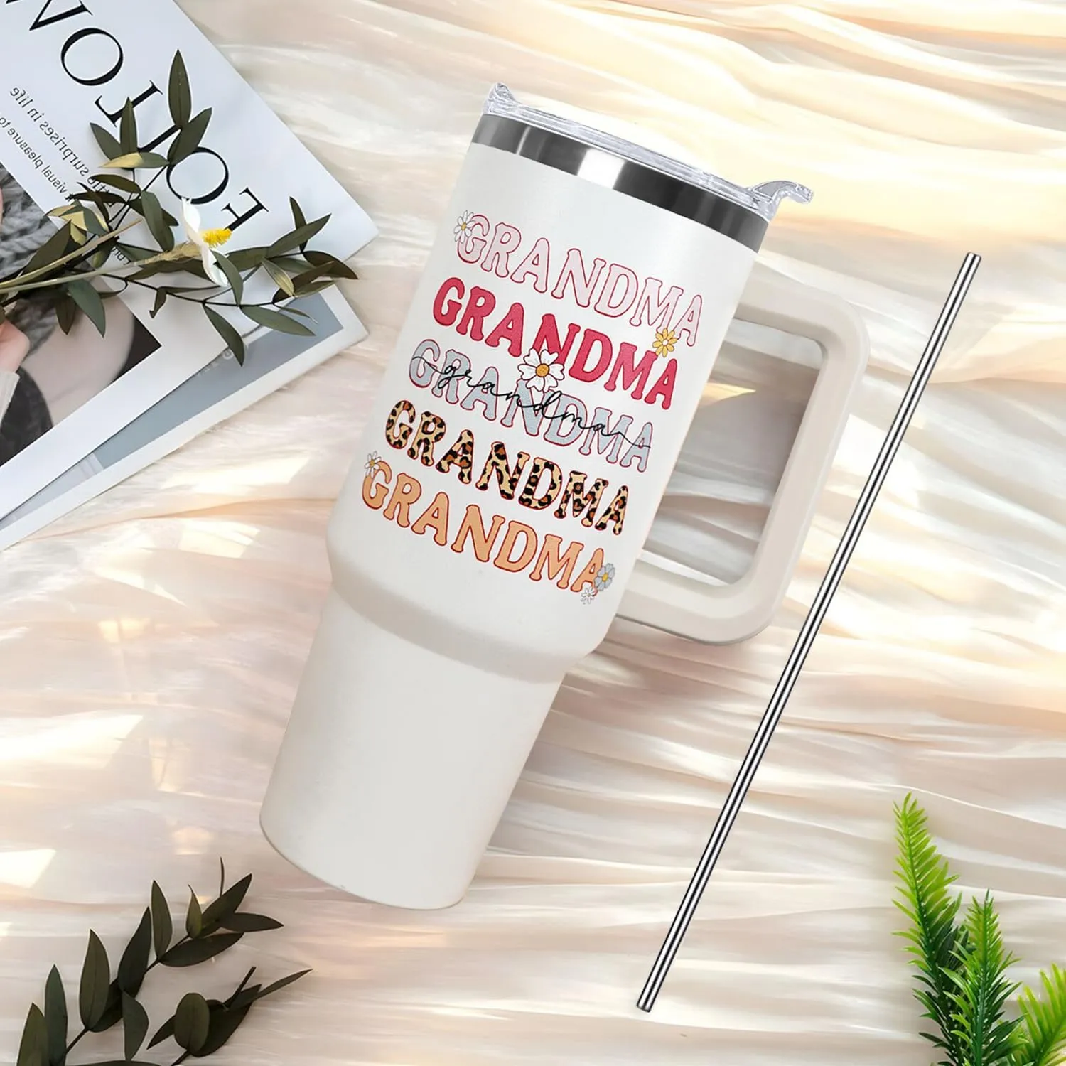 Ceovfoi 40 oz Grandma Vacuum Insulated Water Bottle Travel Coffee Mug Cup Tumbler with Handle Lid and Straw, Mothers Day Nana Gifts for Grandmother