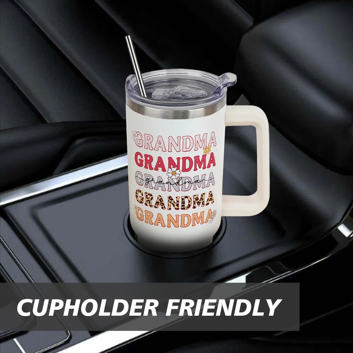 Ceovfoi 40 oz Grandma Vacuum Insulated Water Bottle Travel Coffee Mug Cup Tumbler with Handle Lid and Straw, Mothers Day Nana Gifts for Grandmother