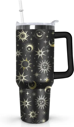 Ceovfoi 40oz Goth Moon Tumbler with Handle Lid and Straw, Sun and Moon Cup Gothic Witch Coffee Travel Mug Cup,Astrology Witchy Gifts for Women, Goth Halloween Decor Witch Stuff for Women