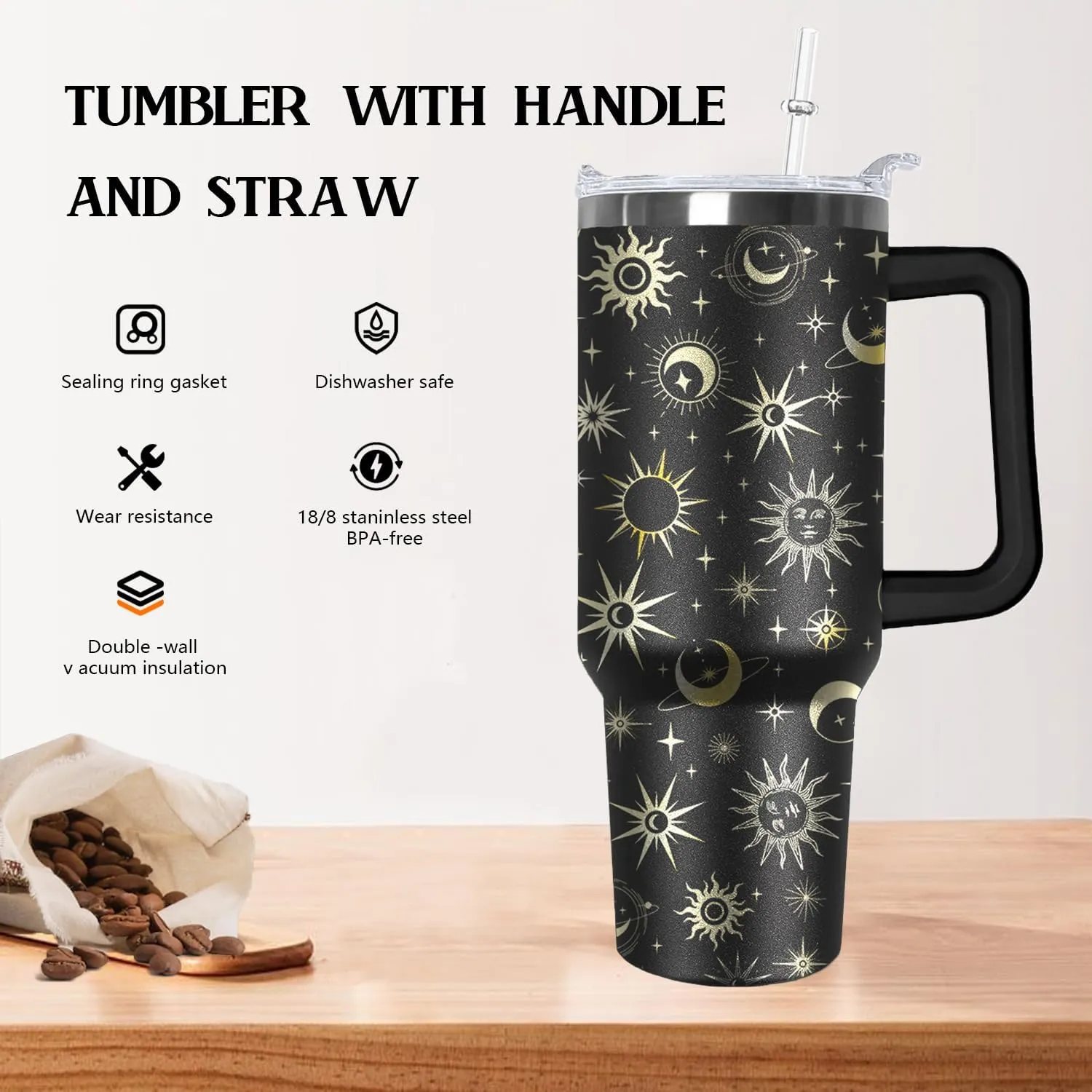 Ceovfoi 40oz Goth Moon Tumbler with Handle Lid and Straw, Sun and Moon Cup Gothic Witch Coffee Travel Mug Cup,Astrology Witchy Gifts for Women, Goth Halloween Decor Witch Stuff for Women
