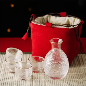 Ceramic, Japanese with Storage Bag, Glass Sake Pot Sake Cup Transparent Modern Used for Home Party and Great Gifts 4 Sake Cups  1Sake Pot,Red