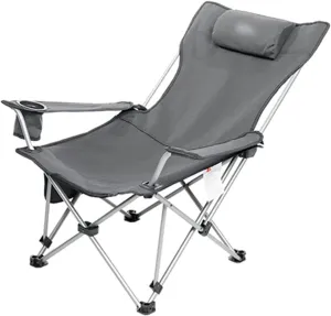 Chair Folding Recliner Chair Outdoor, Metal Frame Portable Padded Camp Chair with Footrest Pillow Single Sun Chairs Loungers with Side Pockets (Color : Light Gray, Size : Style1)